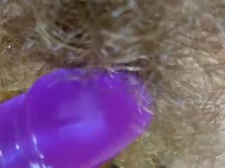 Bunny vibrator test masturbation POV closeup erected big clit wet orgasm hairy pussy